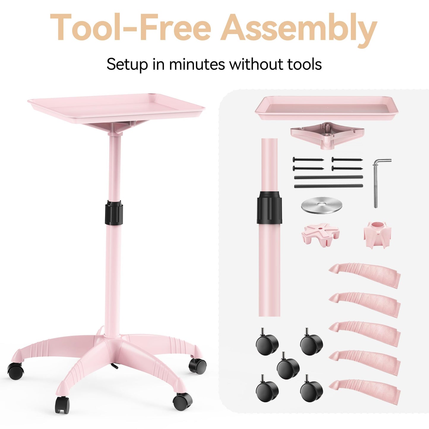 VERYTOP Rolling Salon Tray on Wheels - Adjustable Height 25"-37" Tattoo Tray, Premium Aluminum Easy Assembly Salon Trolley Cart for Clinic Spa Tattoo Studio Elderly Care Home Use(37inch-Pink)