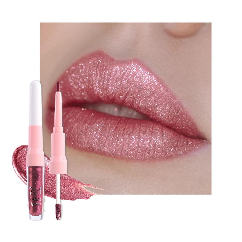 Dark Purple Red Metallic Glitter Lip Liner & Lipstick Combo - Long Lasting Waterproof Liquid Lipstick Set for Women | Iridescent Shine, Non-Stick Cup