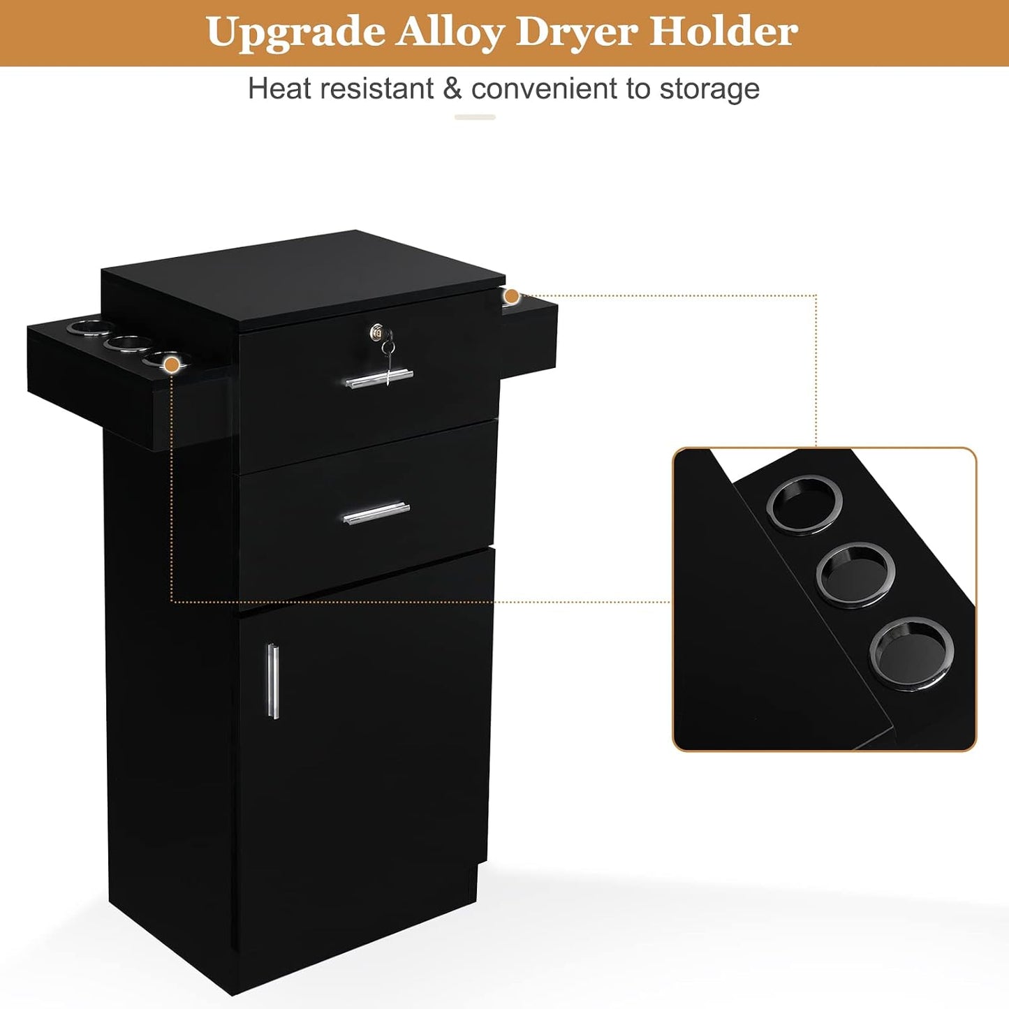 Salon Stations for Hair Stylists - Beauty Salon Storage Cabinet with 2 Drawers & 6 Hair Dryer Holders | Black