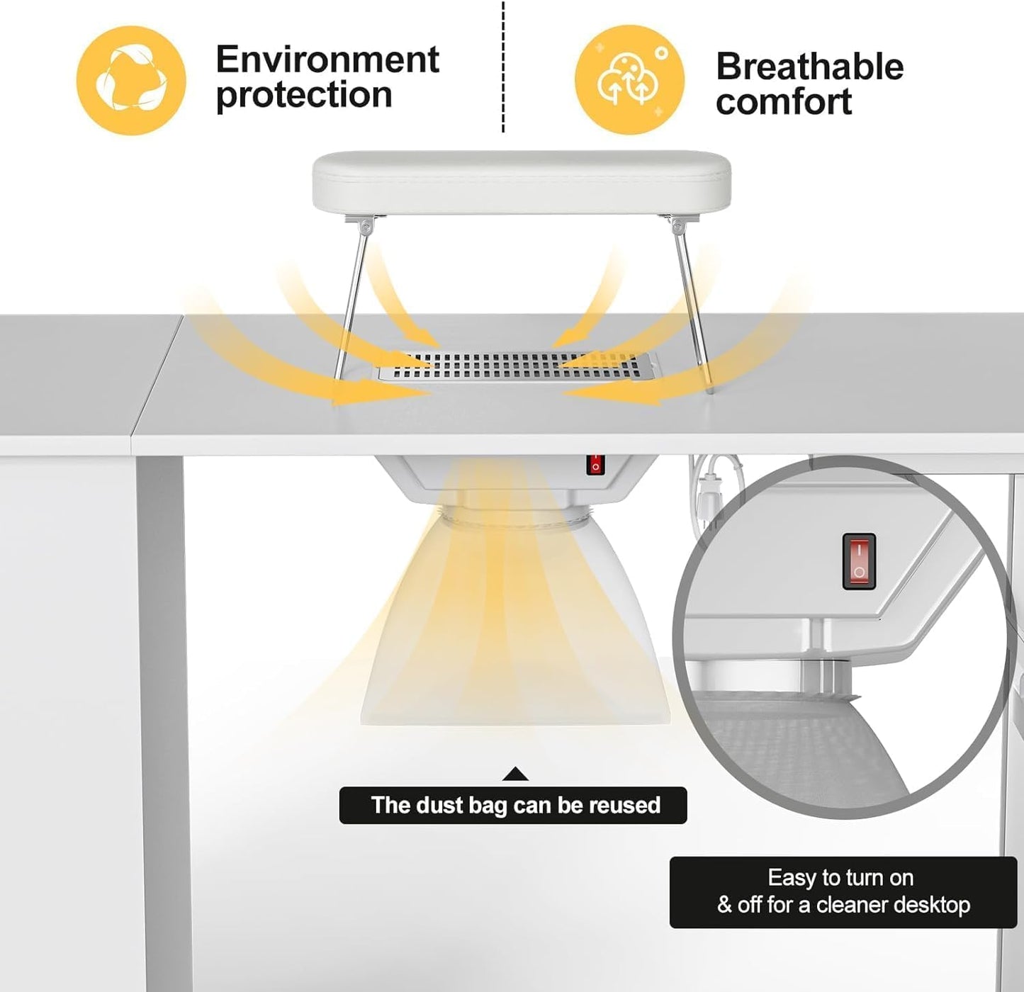 Foldable Manicure Table - Portable Nail Desk with Electric Downdraft Vent | Lockable Wheels & Storage Drawers (White)
