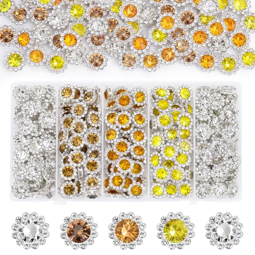 200 Pcs 12mm Flower Sew-On Rhinestones, Mixed Colors Glass Crystal Embellishments with Metal Base for Sewing & Crafts