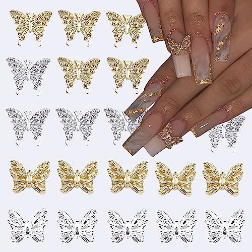 Gold & Silver 20Pcs Butterfly Nail Charms Set for Nail Art - 3D Rhinestones DIY Decoration