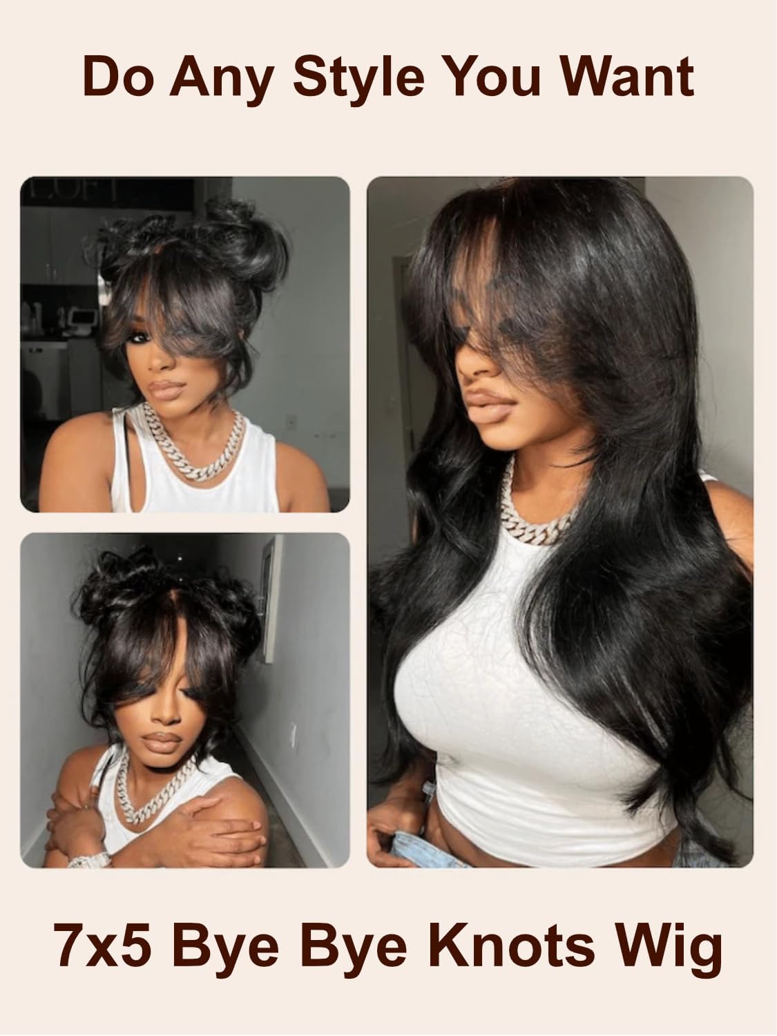 UNICE Loose Wave 7x5 Lace Front Wigs Human Hair with Curtain Bangs Bye Bye Knots Glueless Human Hair Wig Pre Plucked Pre Cut Bleached Knots Put on and Go Wig for Women 180% Density 18 Inch
