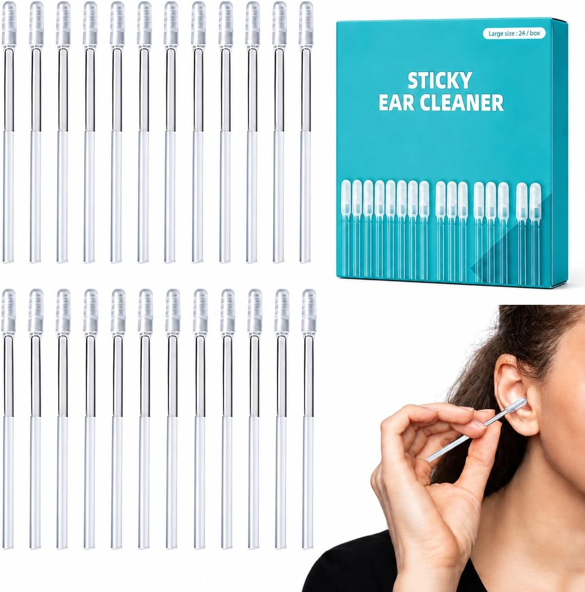 Reusable Sticky Ear Cleaning Sticks - 24 Pcs Gentle Adhesive Ear Swabs with Soft Tips | Home Ear Wax Removal Tools
