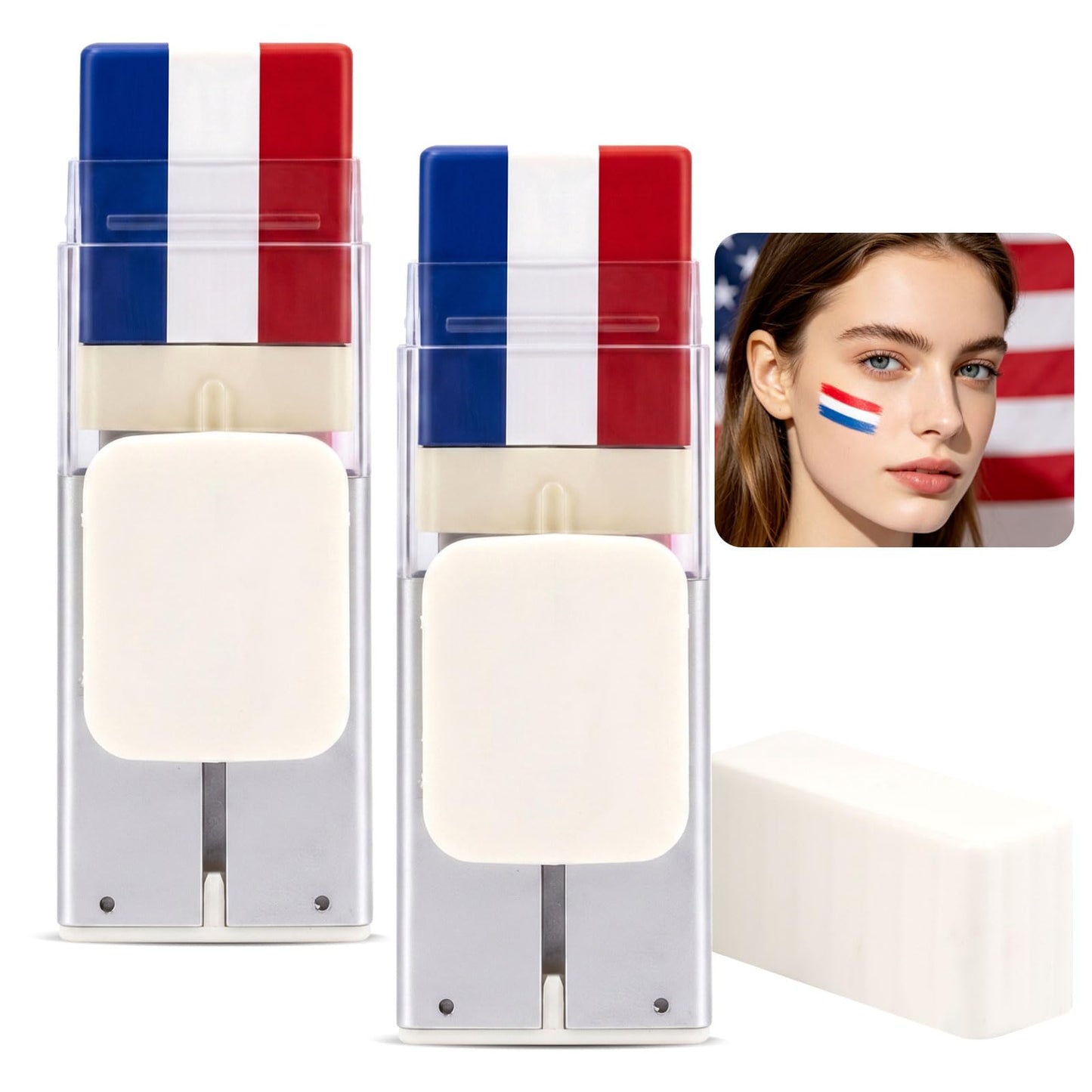 2PCS Red White and Blue Face Paint, Sweatproof & Long-Lasting Fourth of July Accessories for Women, Eye-Black Stick Baseball Softball Sports Makeup, 4th of July USA Accessories for Independence Day