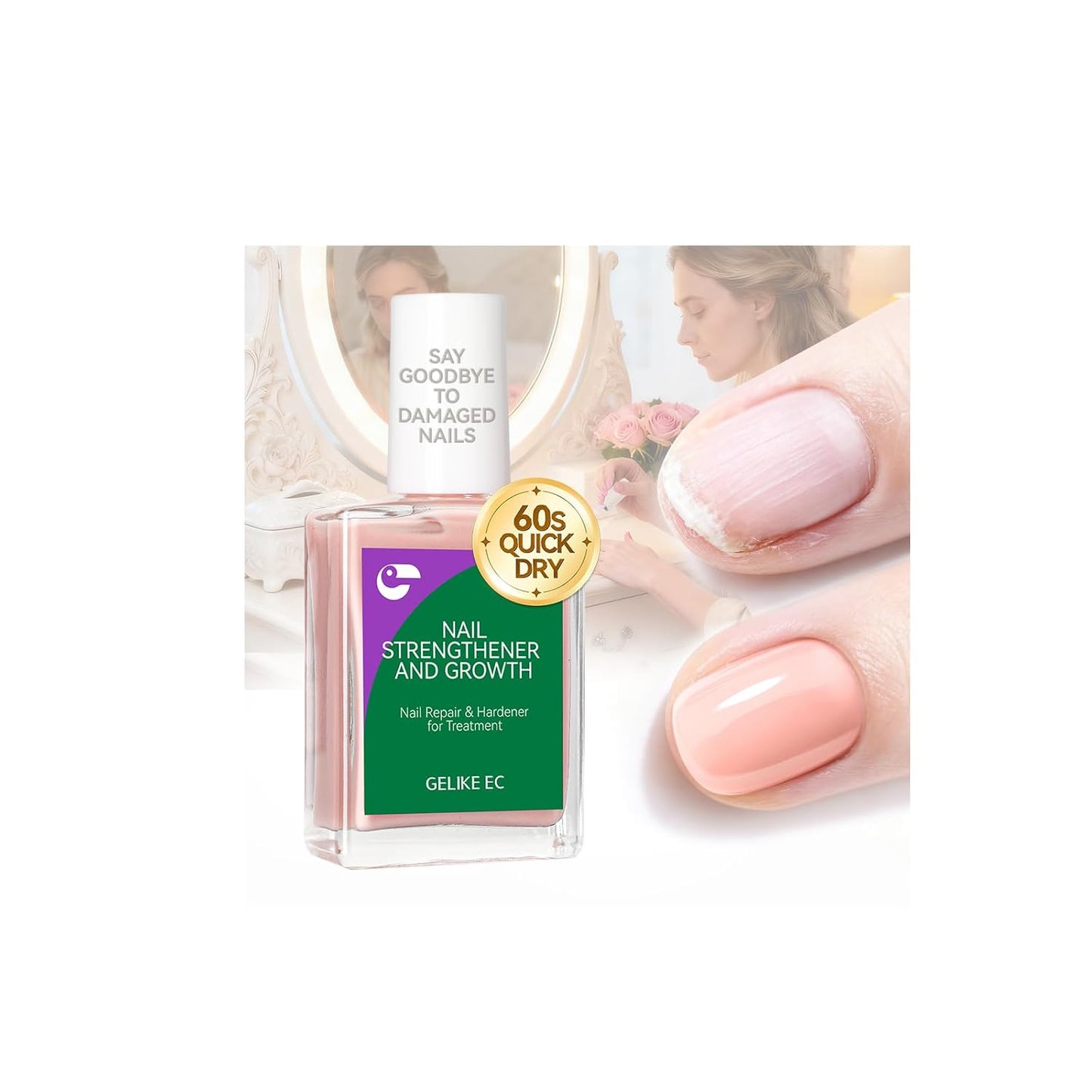 Nail Strengthener & Growth | Extra Strong Protein Hardener for Damaged Nails - Nude Pink 15ml - Quick Dry Ridge Filler