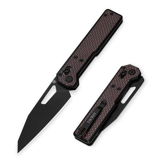 TACRAY Tarcus Folding Pocket Knife, 3.5" D2 Steel DLC Blade Carbon Fiber Overlay Handle, Lightweight EDC Knife with Crossbar Lock for Men and Women, Ideal for Camping, Hiking, and Survival