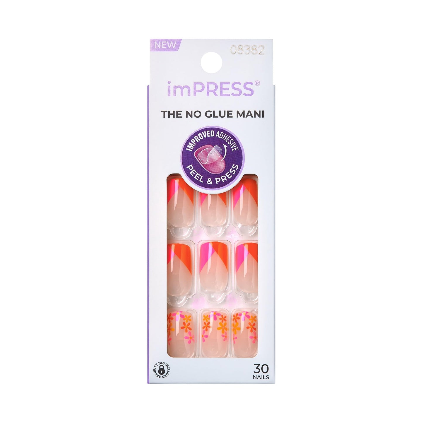 KISS imPRESS No Glue Mani 30 Pcs Press On Nails, Easy Apply, Hassel-Free Removal, Simple Peel & Press, Essential Tools Included, Prep Pad, Instructions Sheet, 1 Manicure Stick, 1 Mini File (Velocity)