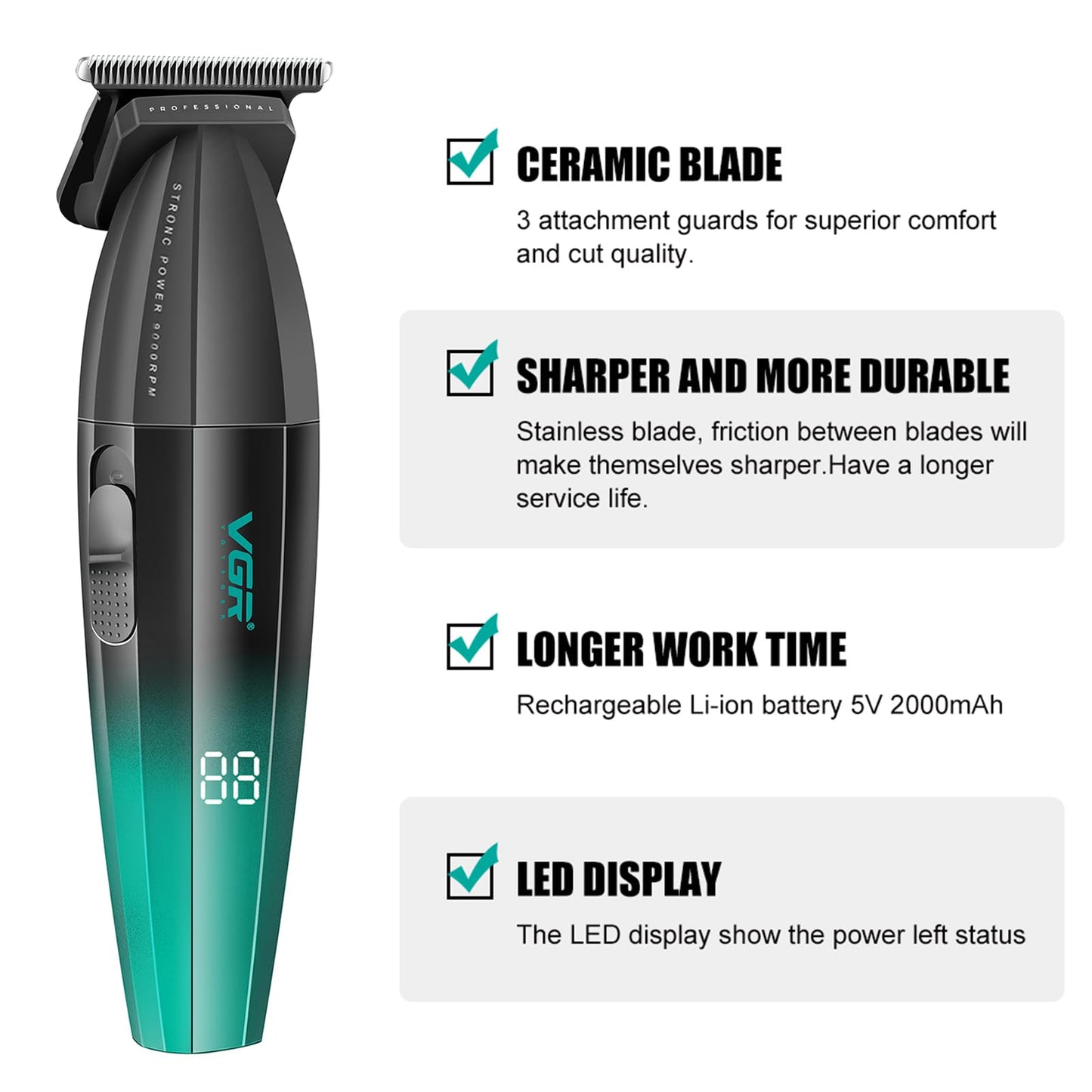 VGR 906 Fresh Fade Professional Hair Trimmer, 9000rpm Zero Gapped Beard Trimmer for Men, DLC T-Blade Cordless Hair Clipper for Barbers and USB Rechargeable, Green