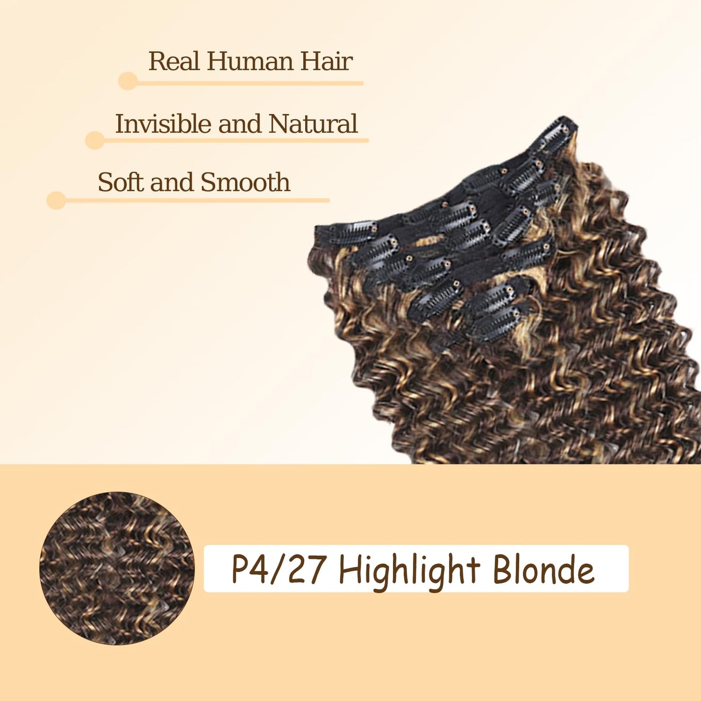 P427 Blonde Clip in Hair Extensions Real Human Hair, 24 Inch 120g/7Pcs,Full Shine Remy Human Hair,Highlight Brown Deep Wave Clip ins Brazilian Virgin Human Hair Extensions