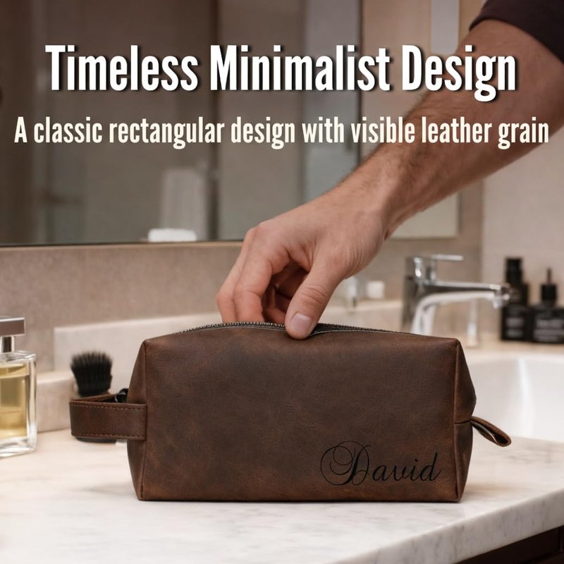 GiftShopie Personalized Handmade Genuine Leather Toiletry Bag | Custom Engraved Shaving Dopp Kit with Name, Initial | Travel Pouch for Men, Him, Husband, Dad, Boyfriend | Gift Idea for Groomsmen