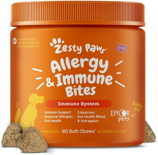 Zesty Paws Allergy Immune Bites - Dog Allergy Chews for Itchy Skin & Ears | Lamb Flavor, 90 Count