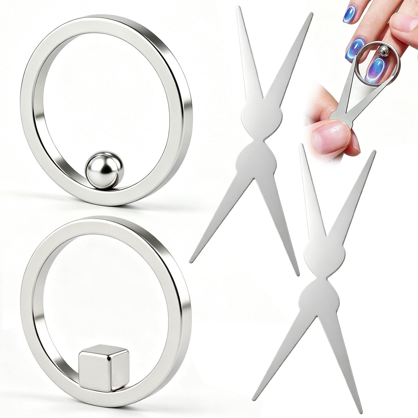 Circle Cat Eye Magnet，2 Set Ring-Shaped Magnet for Nails,Round Strong Cat Eye Nail Art Magnet with French Tip Tools,Portable Hollow Circular Cat Eye for Beginner Home Salon DIY Manicure
