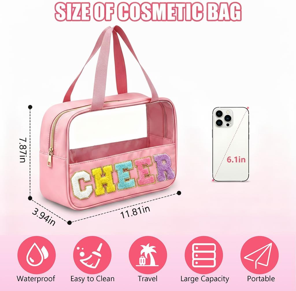 Cheer Makeup Bag - Waterproof Nylon Cosmetic Organizer with Handle | Clear Chenille Letter Patch for Cheerleaders