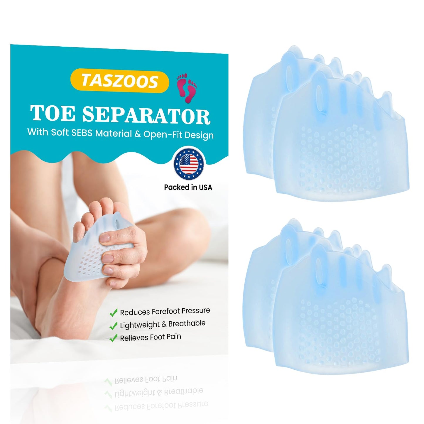 TASZOOS Toe Separators & Metatarsal Pads for Women & Men – 4 Pcs Gel Toe Spacers, Ball of Foot Cushions for Pain Relief, Metatarsalgia, Morton’s Neuroma, Comfortable Foot Pads for Walking(One Size)