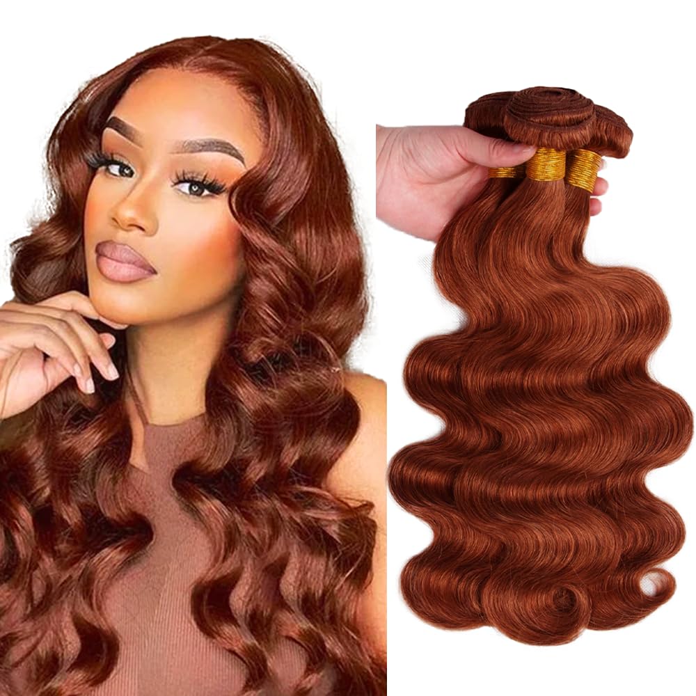 28 30 32 Inch Copper Human Hair Bundles Auburn Body Wave Bundle Huxowax Peruvian Virgin Soft and Silky Remy Hair Extensions Double Weft Color 33 Body Wave Bundle Hair Weave 150g