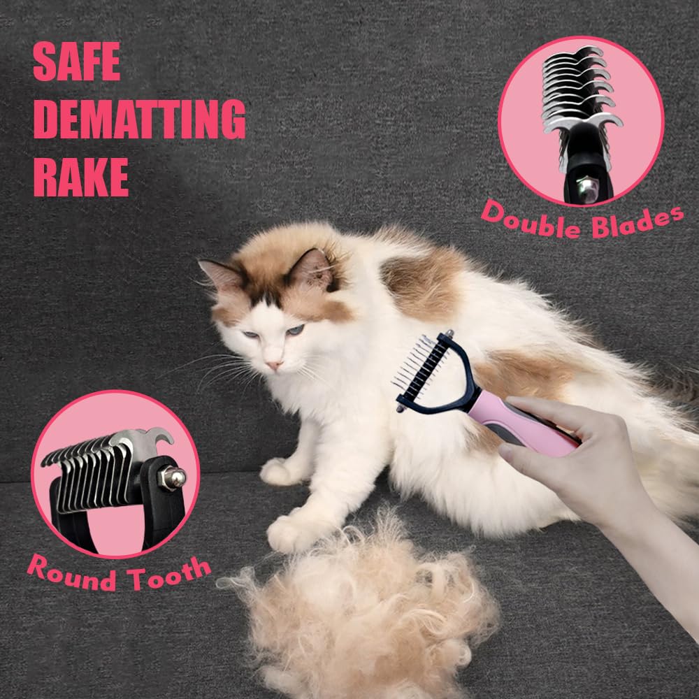 Cat Brush for Shedding - 5-Piece Set for Long-Haired Cats & Small Dogs | Pink Matted Fur Comb