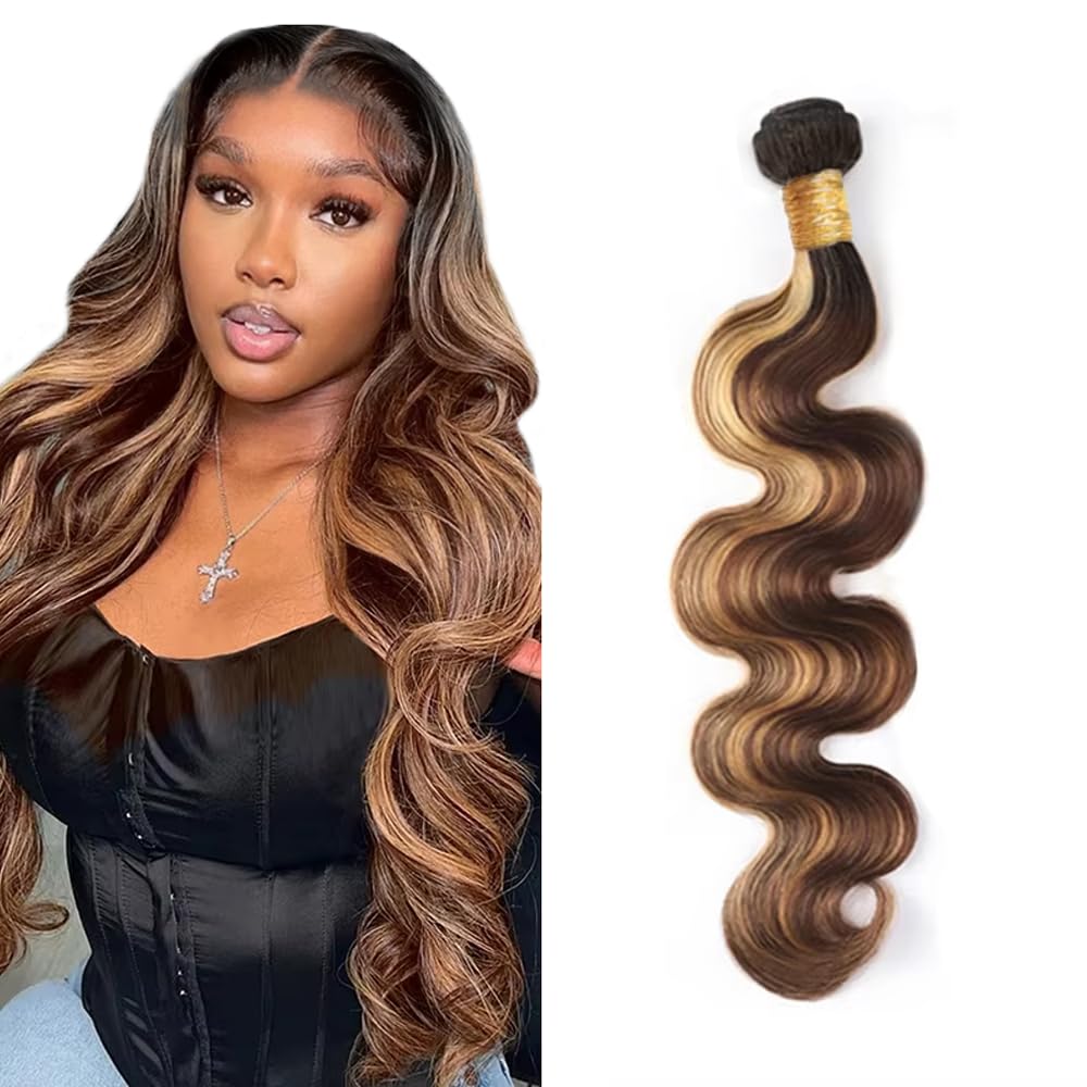 4/27 Human Hair Bundles Ombre Human Hair Bundles Highlight Brown Body Wave Bundle 4/27 Brown Body Wave Bundle LadrXadr 16 Inch 100g