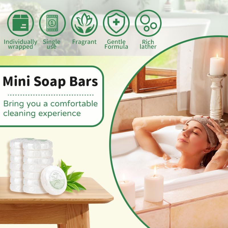 RAQEHO Mini Bar Soap (0.5oz, Pack of 120) - Individually Wrapped Green Tea Soap for Travel & Hotel Use