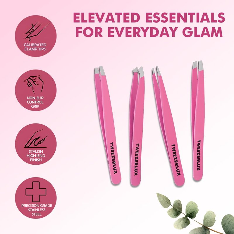 TWEEZERLUX Tweezers Set - Professional Stainless Steel Tweezers for Eyebrows - Great Precision for Facial Hair, Splinter and Ingrown Hair Removal (PINK)