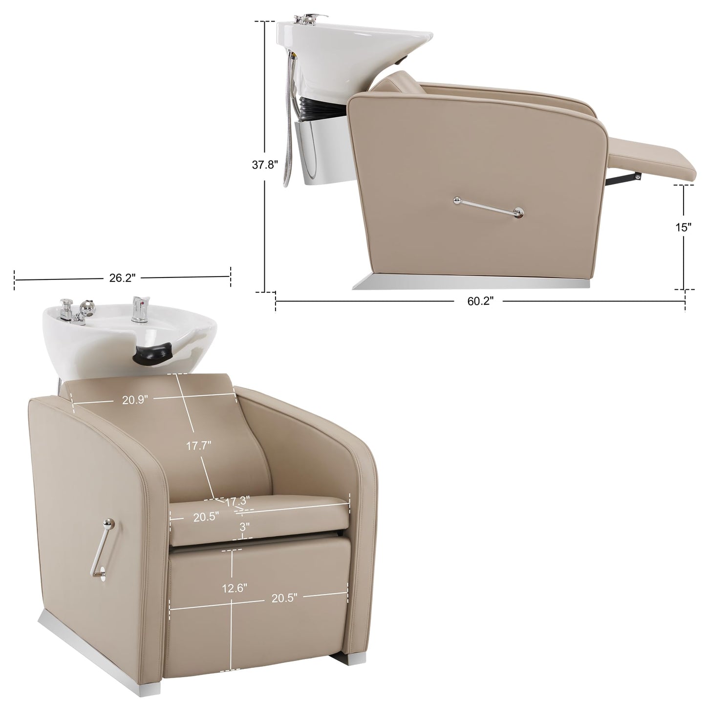 BarberPub Backwash Shampoo Station Chair, Adjustable Porcelain Ceramic Hair Wash Bowl Sink Unit Station, Reclining Shampoo Station Chair for Spa Beauty Salon Hair Salon Equipment 9303 (Beige)