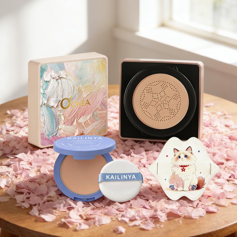 Mushroom-Head Cushion Foundation & Setting Powder Set - Long-Lasting Matte Finish | 3 Shades Available, Wheat Color