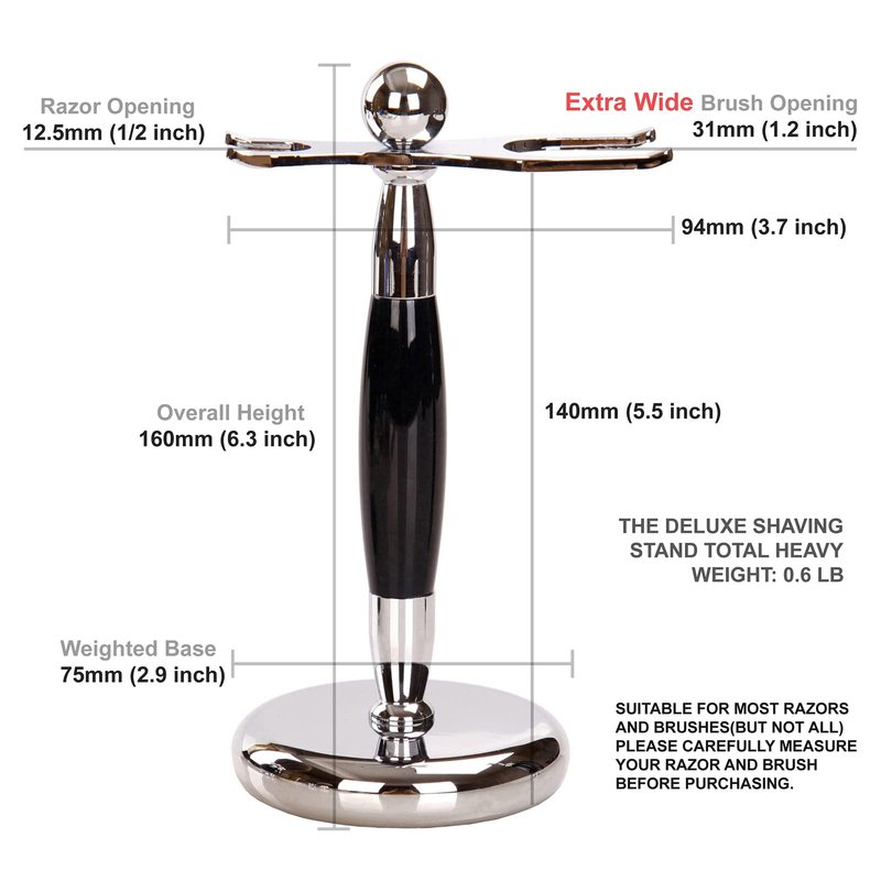 SANWA Deluxe Stainless Steel Shaving Brush Stand Holder for Razor & Brush - Extra Wide Openings, Weighted Base Black Handle