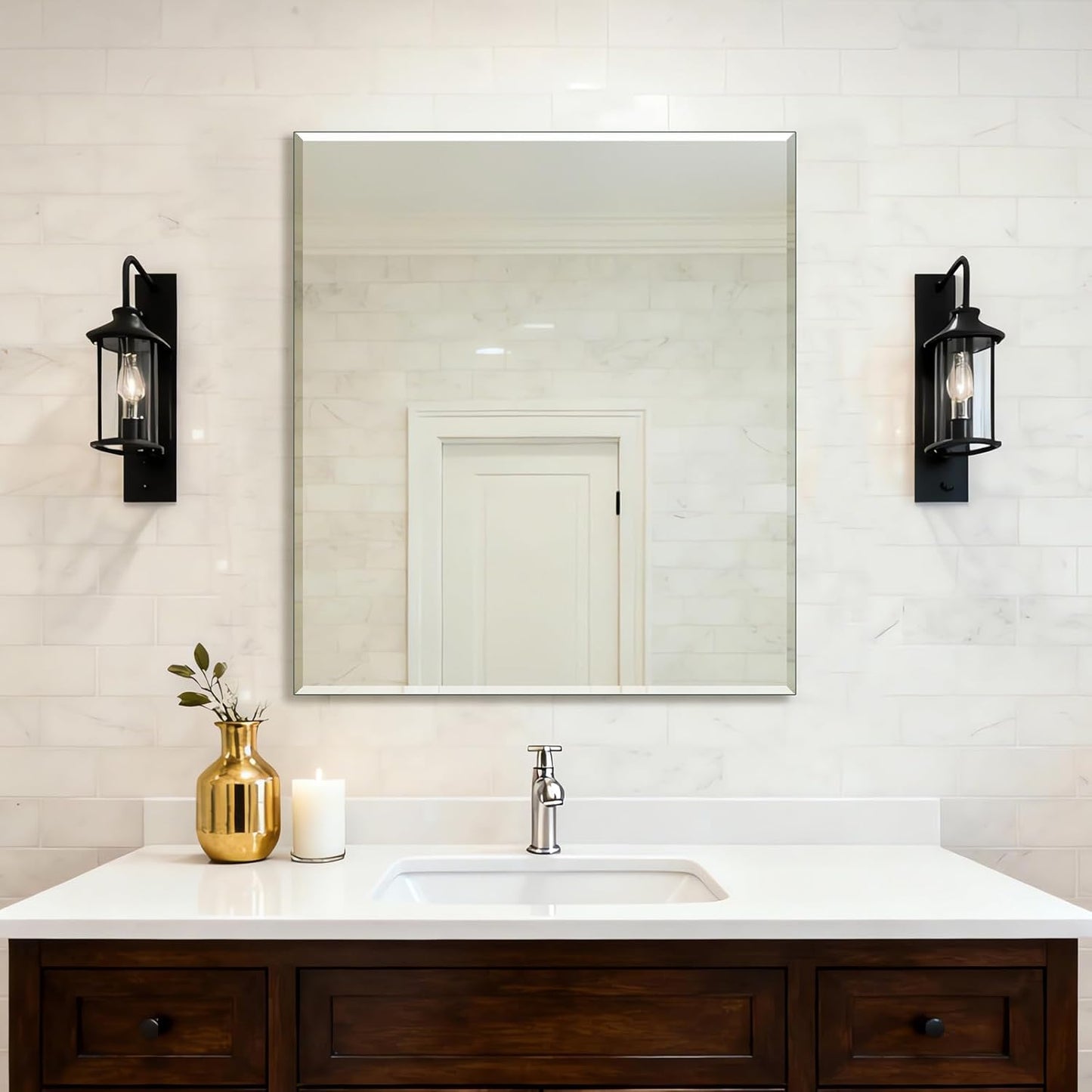 Frameless Bathroom Mirror - Rectangle Beveled Edge, Shatterproof Tempered Glass | 24" x 16" for Versatile Hanging
