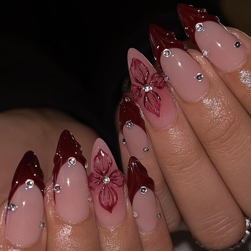 Floral Press On Nails - 24Pcs Red Almond Acrylic Nails with Rhinestones | Reusable Summer Design