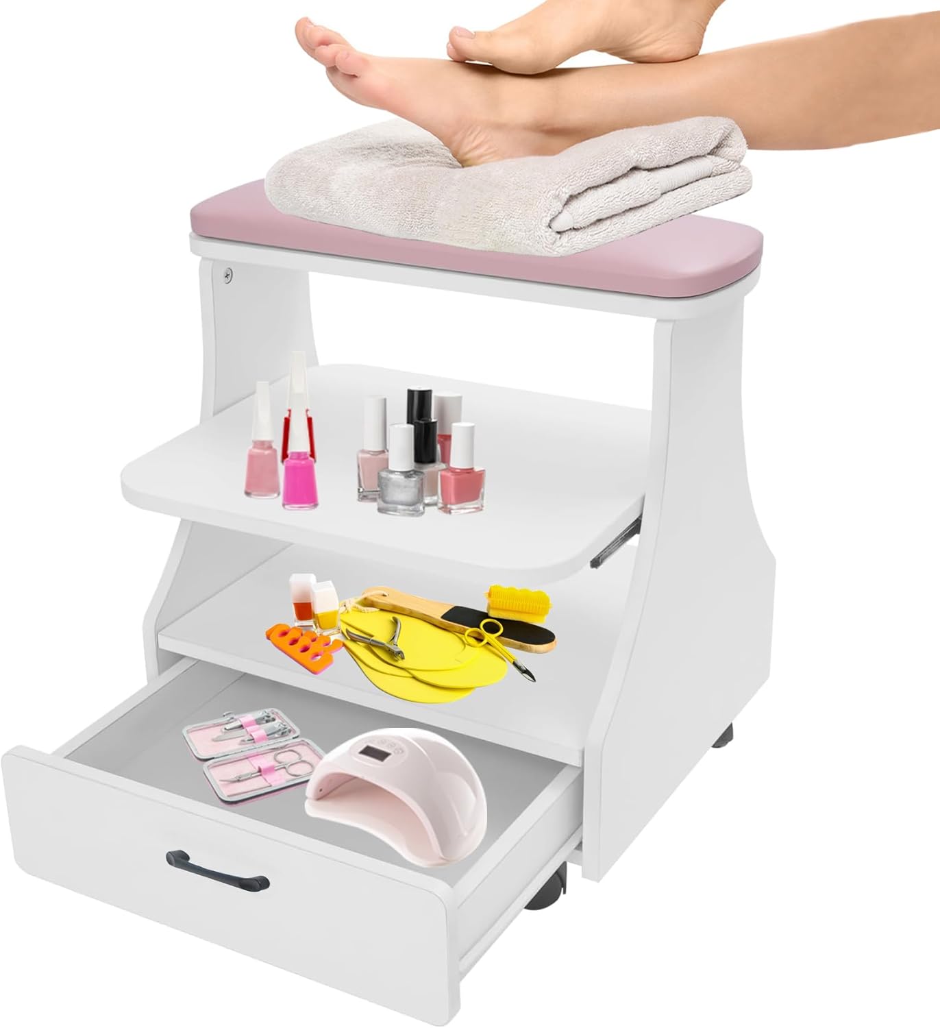 Portable Pedicure Foot Rest - Mobile Spa Stool with Wheels | Pink Trolley for Nail Techs & Beauty Salons
