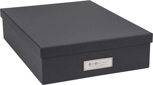 Bigso Oskar Fiberboard Label Frame Document Letter Box - File Organizer Box for Important Paperwork - Document Storage with a Lid & Metal Label Window - 3.3 in x 10.2 in x 13.8 in - Dark Grey