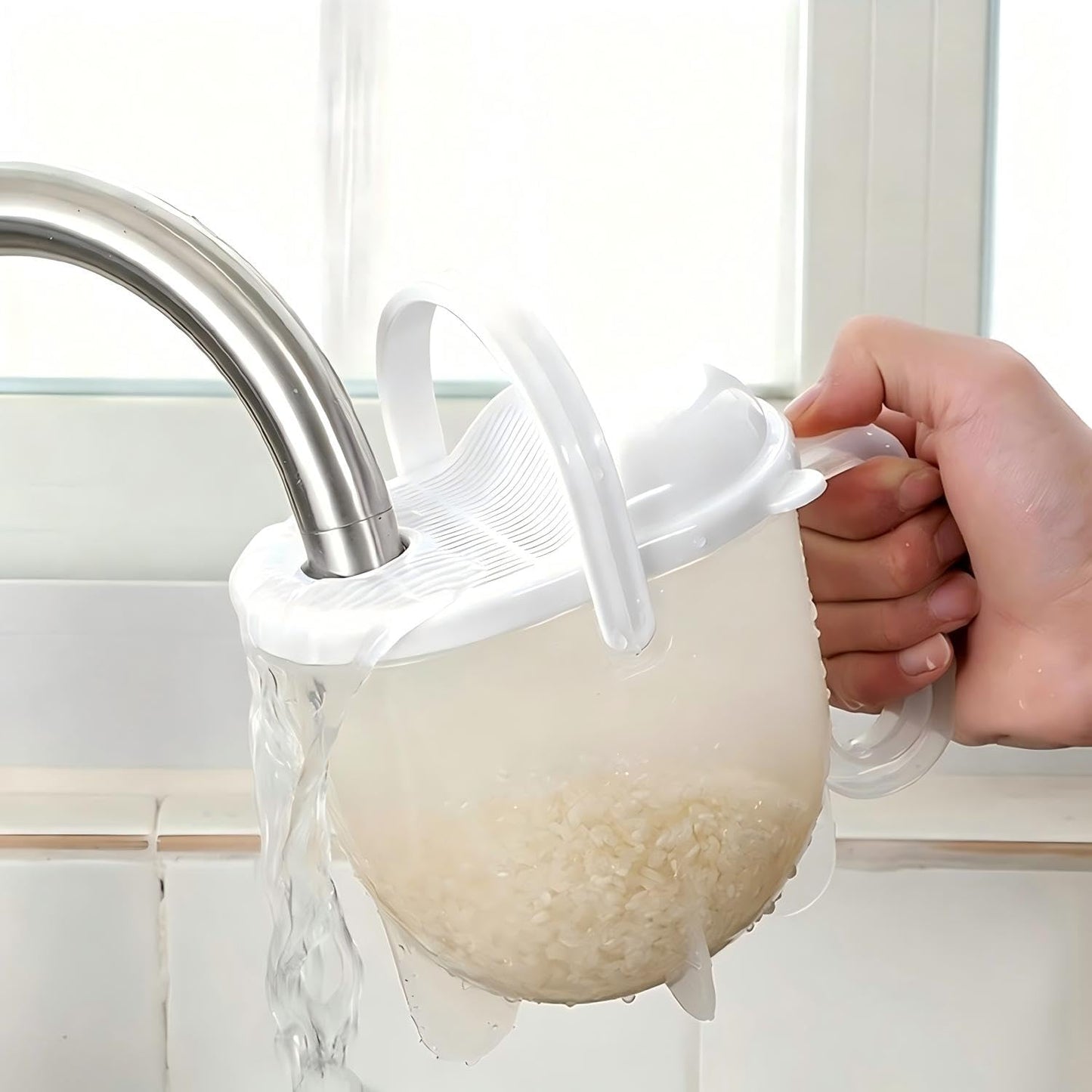 Rice Washer Strainer Bowl with Handle - Plastic Grain & Vegetable Washing Bowl, Perfect for Rice Washing Bowl Needs and Rice Rinser Strainer Use with Beans, Pasta & Fruits (White)