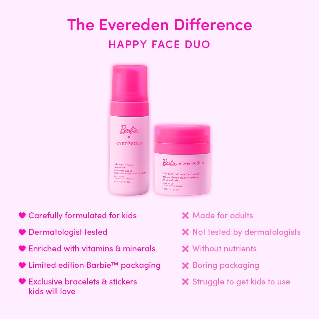 Barbie Limited Edition Kids Happy Face Duo - Multi-Vitamin Face Wash & Cream Set with Stickers | Clean Skin Care for Ages 3+