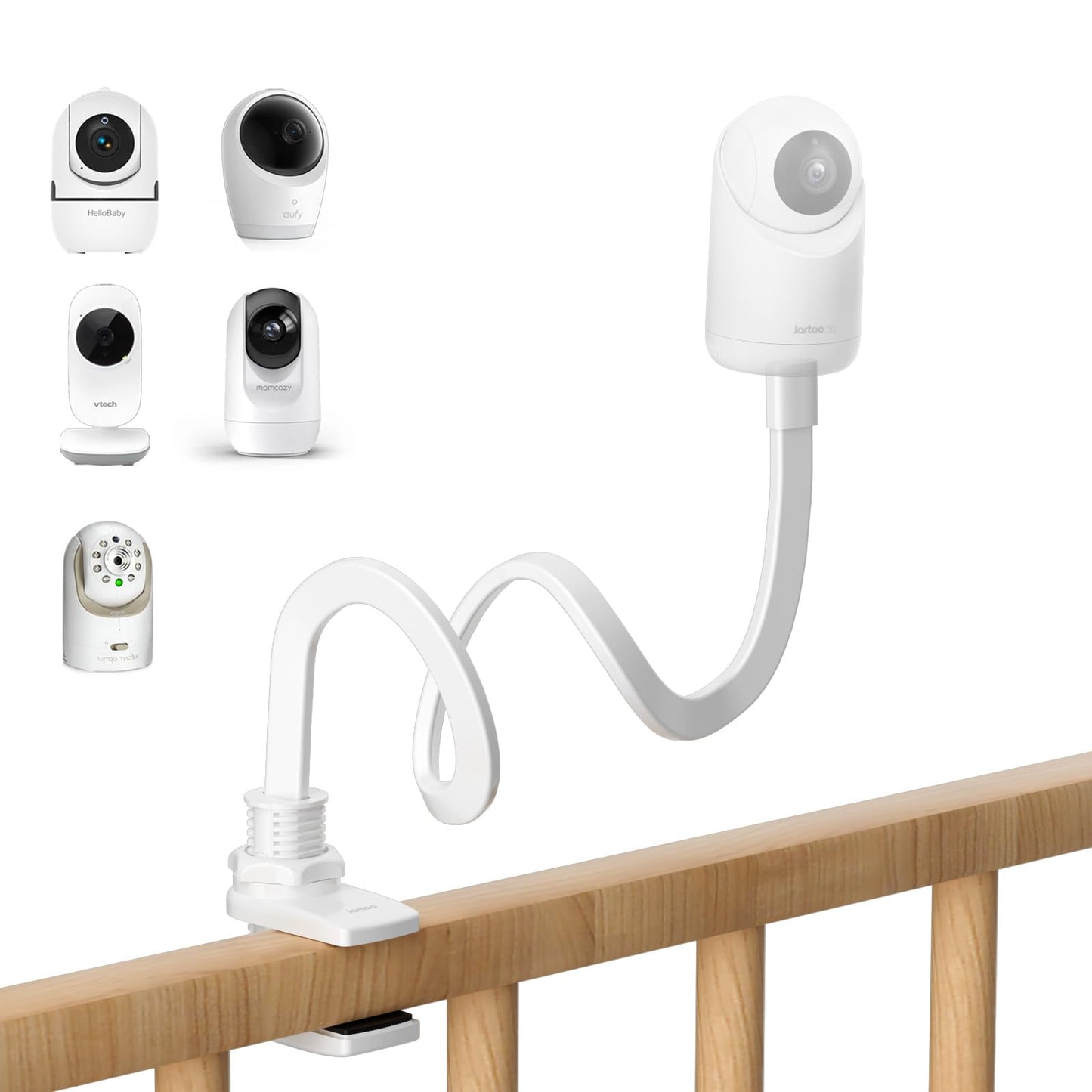 Jartoo Baby Monitor Mount Compatible with HelloBaby HB65/HB40/HB6560/HB6339/HB6550 Pro, Infant Optics, Momcozy, Nanit, VAVA, 16.9" Flexible Crib Clip Mount Long Gooseneck Arm, No Tools or Wall Damage