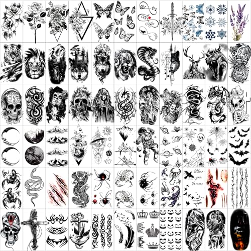 JEEFONNA 82 Sheets Temporary Tattoo for Men Women Adults, Include 12 Sheets Black 3D Half Sleeve Temporary Tattoos, Halloween Tattoos Scary Lion Wolf Tiger Skull Skeleton Tattoos Stickers