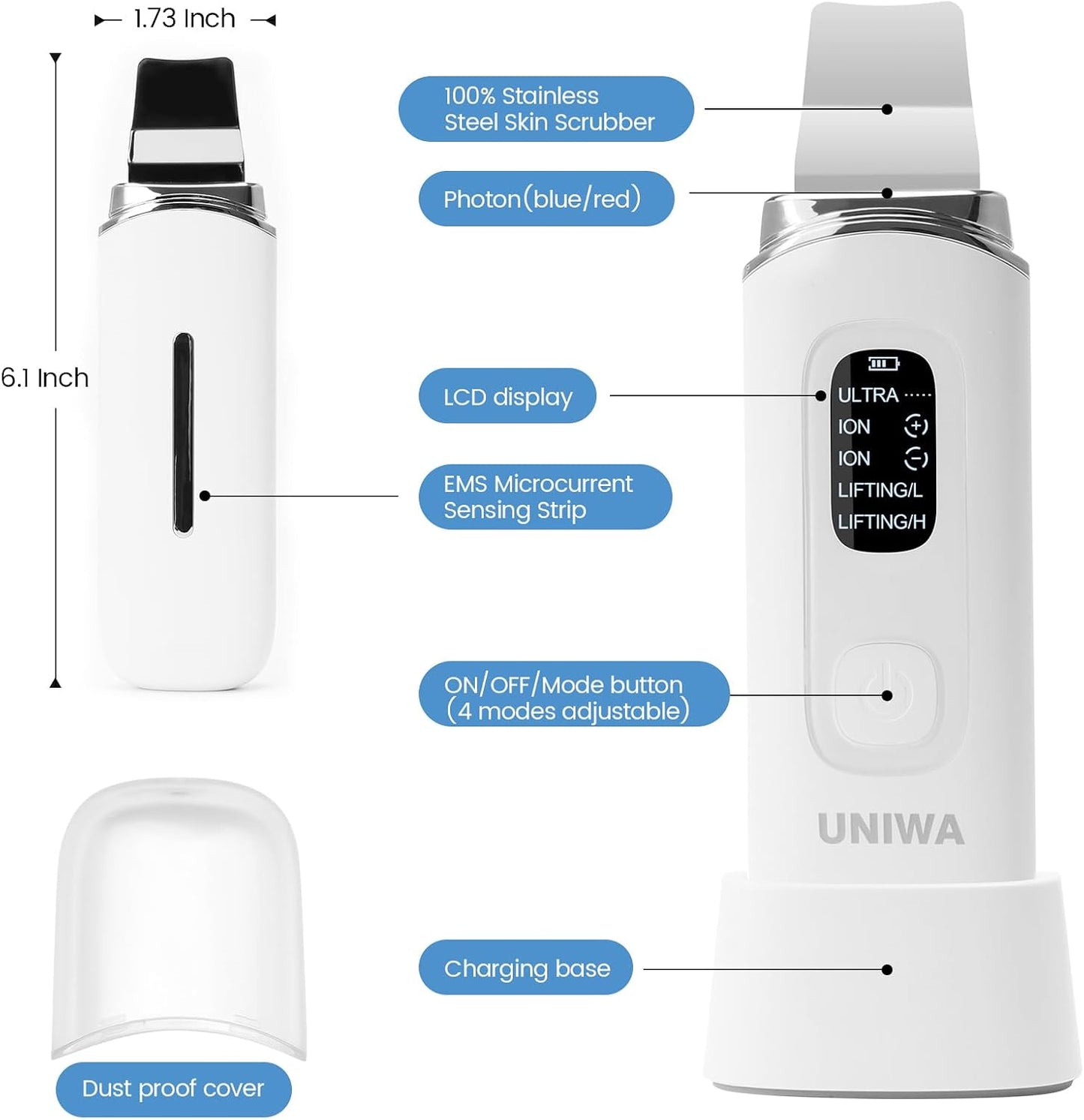 UNIWA Skin Scrubber | Ultrasonic Face Spatula for Deep Cleansing & Blackhead Removal - 4 Modes, LCD Display, Waterproof - White