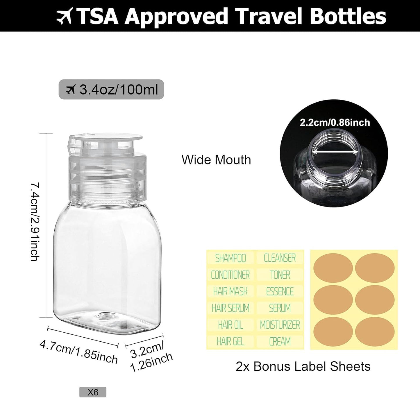 Travel Bottles for Toiletries - 6 Pack 2oz Leak Proof TSA Approved Squeeze Containers | Clear Wide Mouth for Shampoo & Conditioner