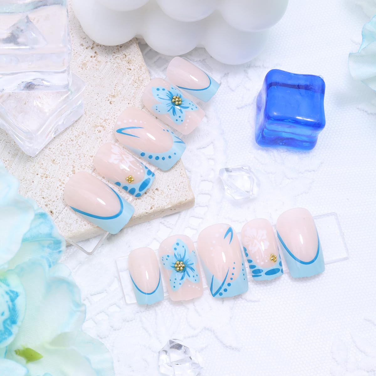 Blue Flower Press-On Nails - 24 Pcs Short Square French Tips with 3D Floral Design & Gold Rhinestones | Full Cover Artificial Nails for Women