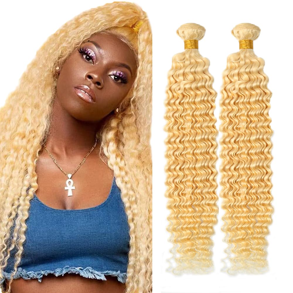 28 28 inch AuokMar Blonde Bundles Human Hair 613 Deep Wave Bundles Peruvian Virgin Hair 2 Bundle 613 Blonde Wet and Wavy Bundle