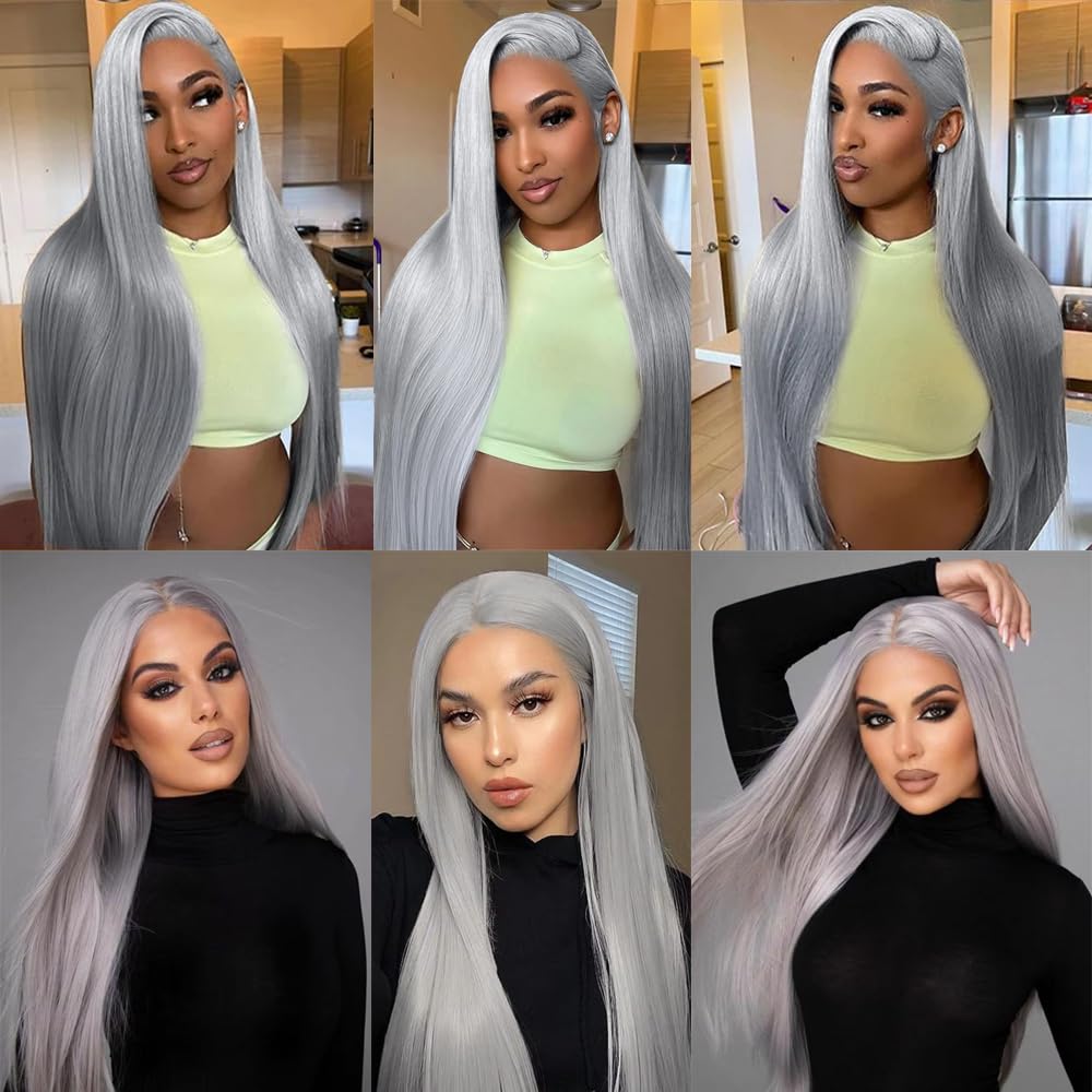 24 26 28 Inch Gray Bundles Straight 3 Bundles Human Hair Brazilian Remy Hair 50 Grams/Bundle 10A Grade Unprocessed Virgin Hairs Silver Grey Color Straight Bundle Weaves Extensions