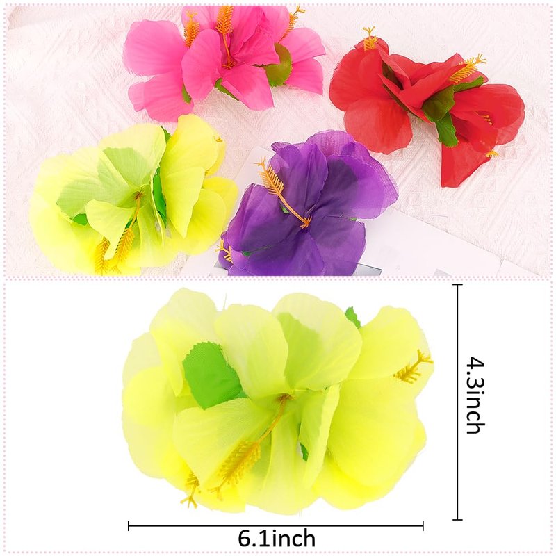 Hawaiian Hibiscus Flower Hair Accessories - 4-Piece Chiffon Barrettes & Pins for Women | Beach Luau Party Decor (Purple/Red/Pink/Yellow)
