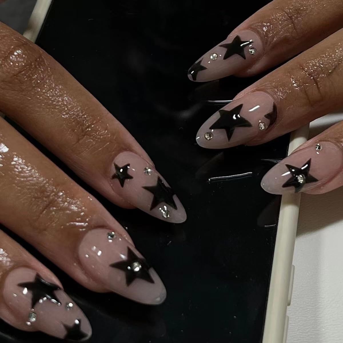 Almond Press-On Nails - Ombre Purple Floral Butterfly Design | 24 Full Cover Rhinestone False Nails for Women