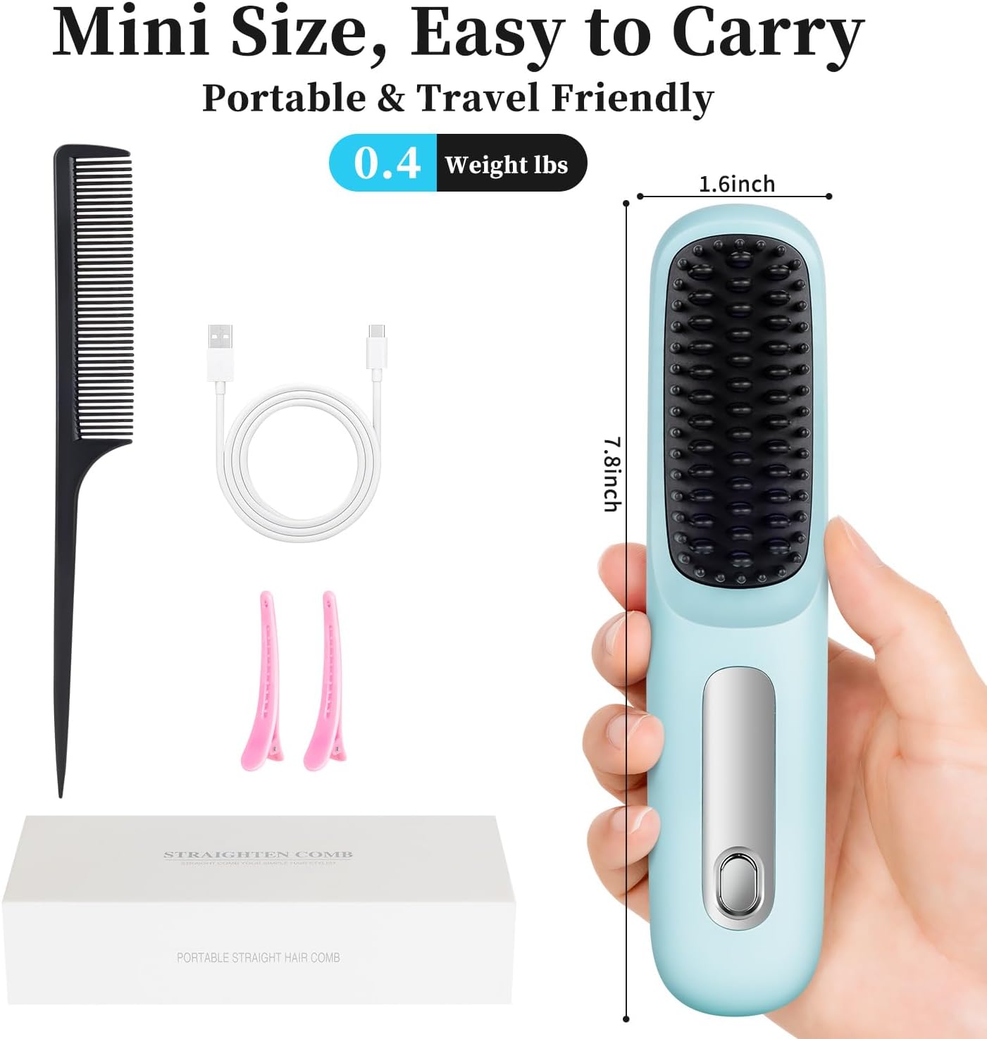 Go Brush Pro Cordless Straight Hair Brush - Portable Scald-Proof Mini Comb with 3 Temperature Settings & LED Display | Light Blue