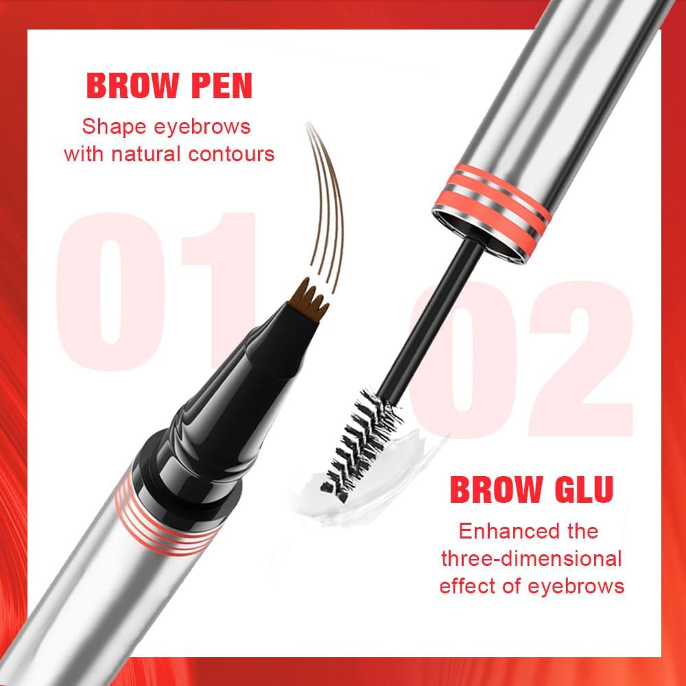 Eyebrow Pencils for Women, 2-in-1 Eyebrow Pen with Gel, 3D Microblading Eyebrow Pencil with 4 Tip & Eyebrow Brush, Waterproof Long-Lasting (Dark brown)