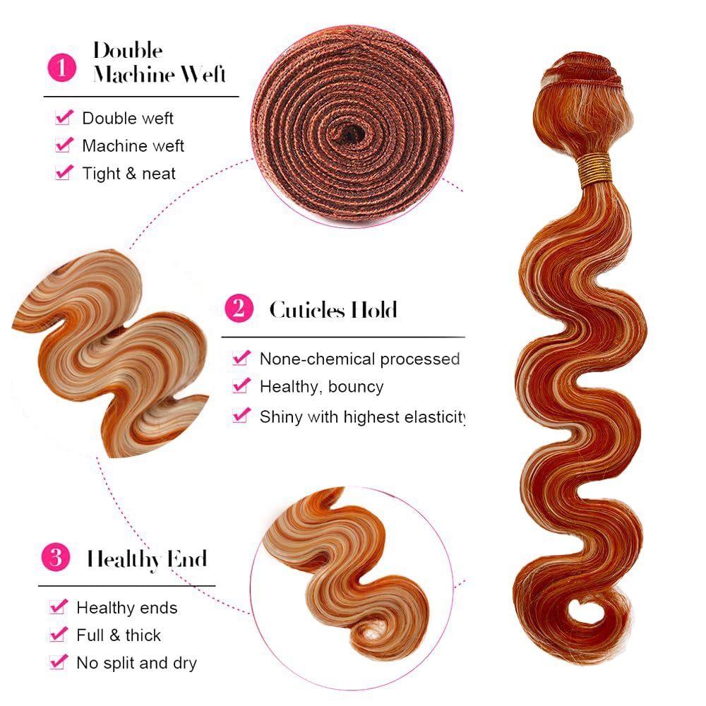 P350/27 Blonde Bundles Body Wave Bundles Human Hair 22 24 26 Inch Blonde Mixed With #350 Orange Body Wave Bundle Unprocessed Brazilian Virgin Weave Hair 3 Bundles 100 Gram Per Bundle