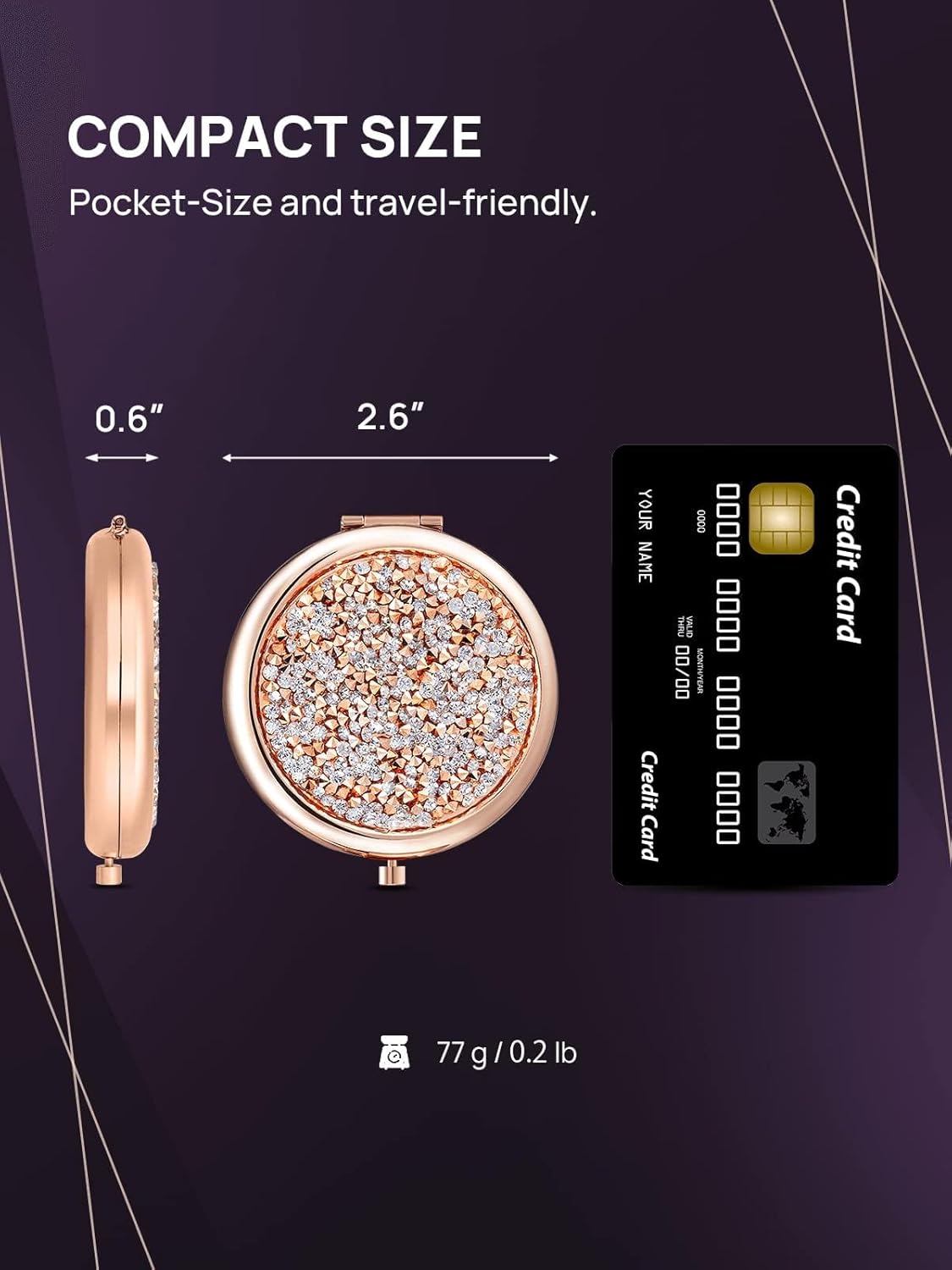 OMIRO 1X/10X Magnifying Compact Mirror - Rose Gold Mini Diamond Pocket Makeup Mirror