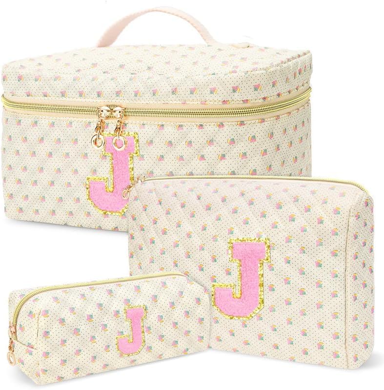 Personalized 3-Piece Quilted Makeup Bag Set with Initial Patch