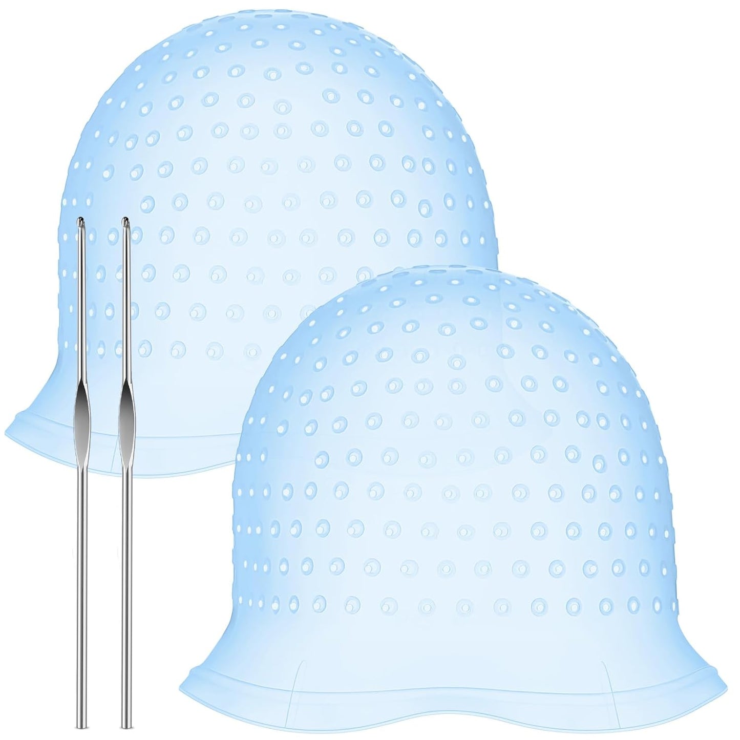 Jexine Hair Coloring Highlighting Cap - Reusable Silicone with Holes & Hook | 2 Pcs Set (Blue)