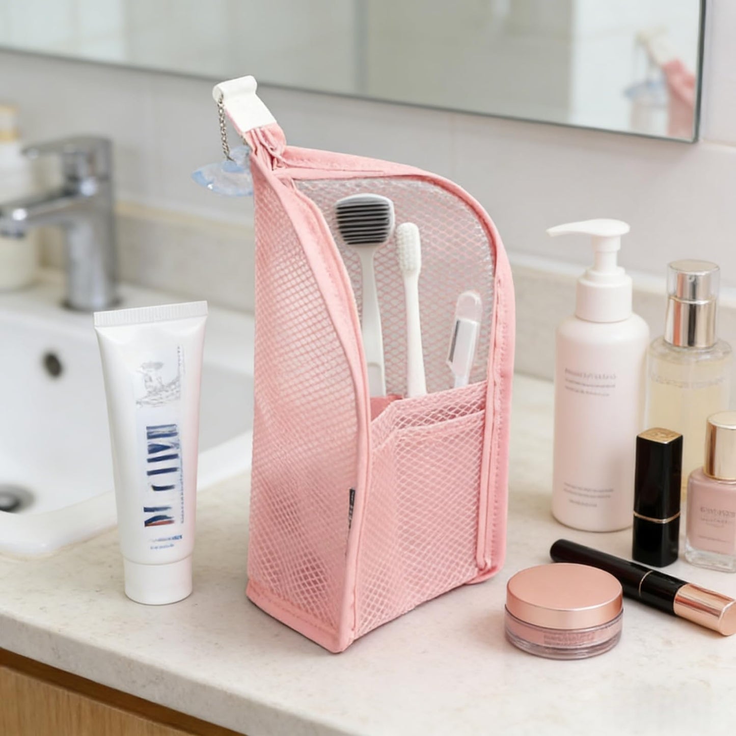 LUOBEIYAOHL Standing Toiletry Bag Stand up Makeup Brush Holder for Travel, Pink, Cosmetic Case