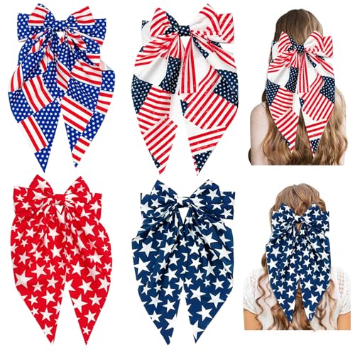 4th of July Oversized Hair Bows, American Flag Ribbon Clips for Women & Girls